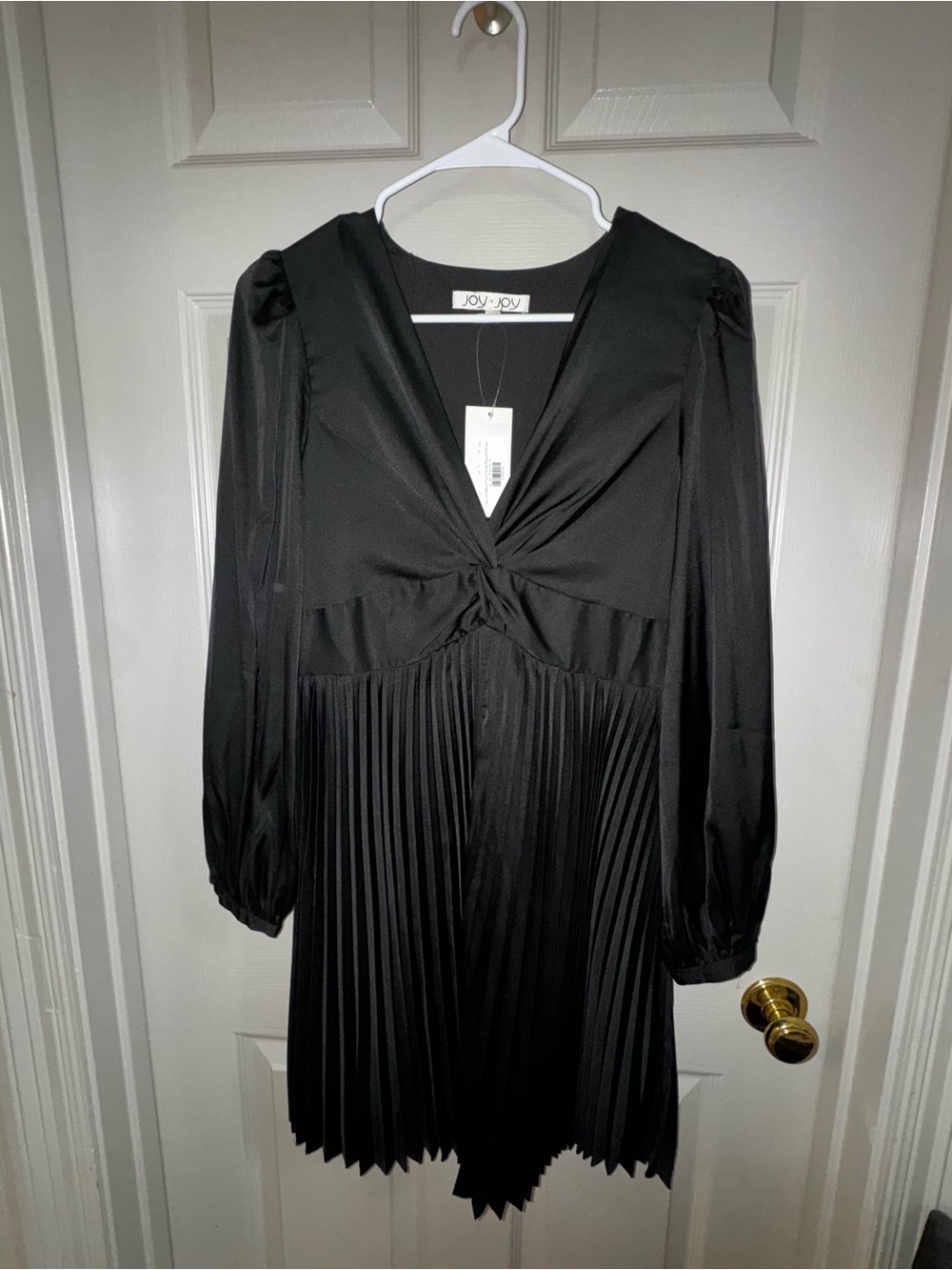 Joy Joy Black Twist-Front Pleated Long-Sleeve Dress